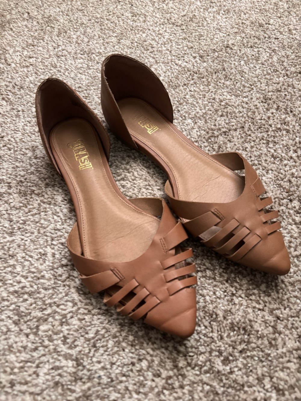 Tan Woven Pointed-Toe D'Orsay Flats
